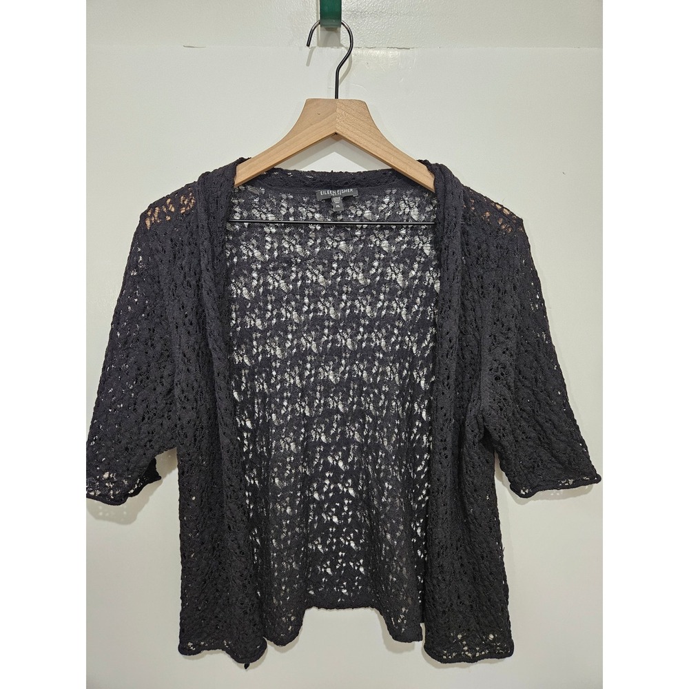 Eileen Fisher PL Black Washable Wool Lace Cardigan Open Knit Petite Italian Yarn